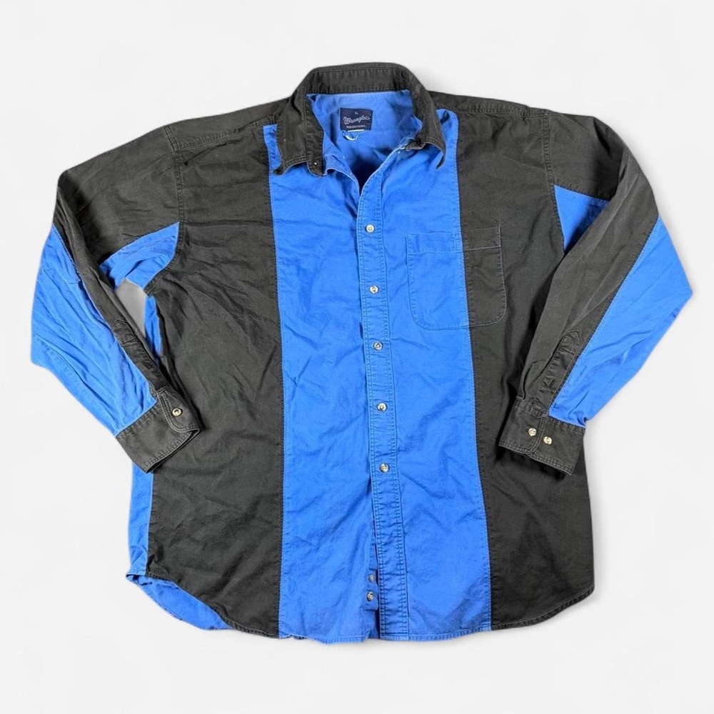 Vintage Wrangler Blue/Black Color Block Button Up Shirt Size XL Chest Pocket